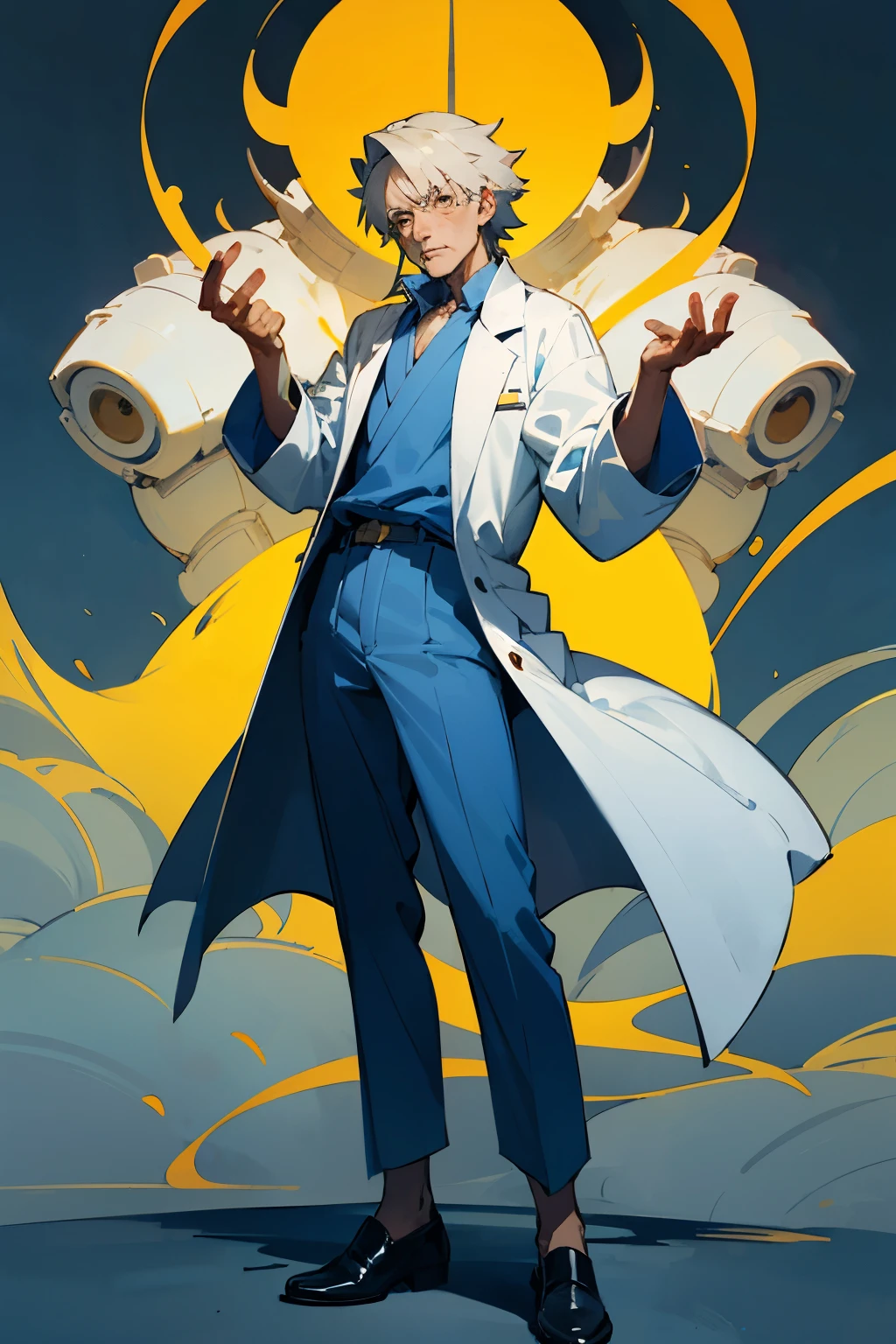 ANIME VERSION, RPG Maker Anime Style , visual novel bust style, front facing old man character, semi realistic, clad in a dark blue Barong Tagalog. The teacher, resembling a scientist, wears a long white lab coat over a casual blue shirt, untucked. His light, dark yellow pants match the hue of aged cheese, complemented by black shoes for a polished look.ryuta ueda artwork, hayao miyazaki style, professor clothes, full body character, hands up like powerful character