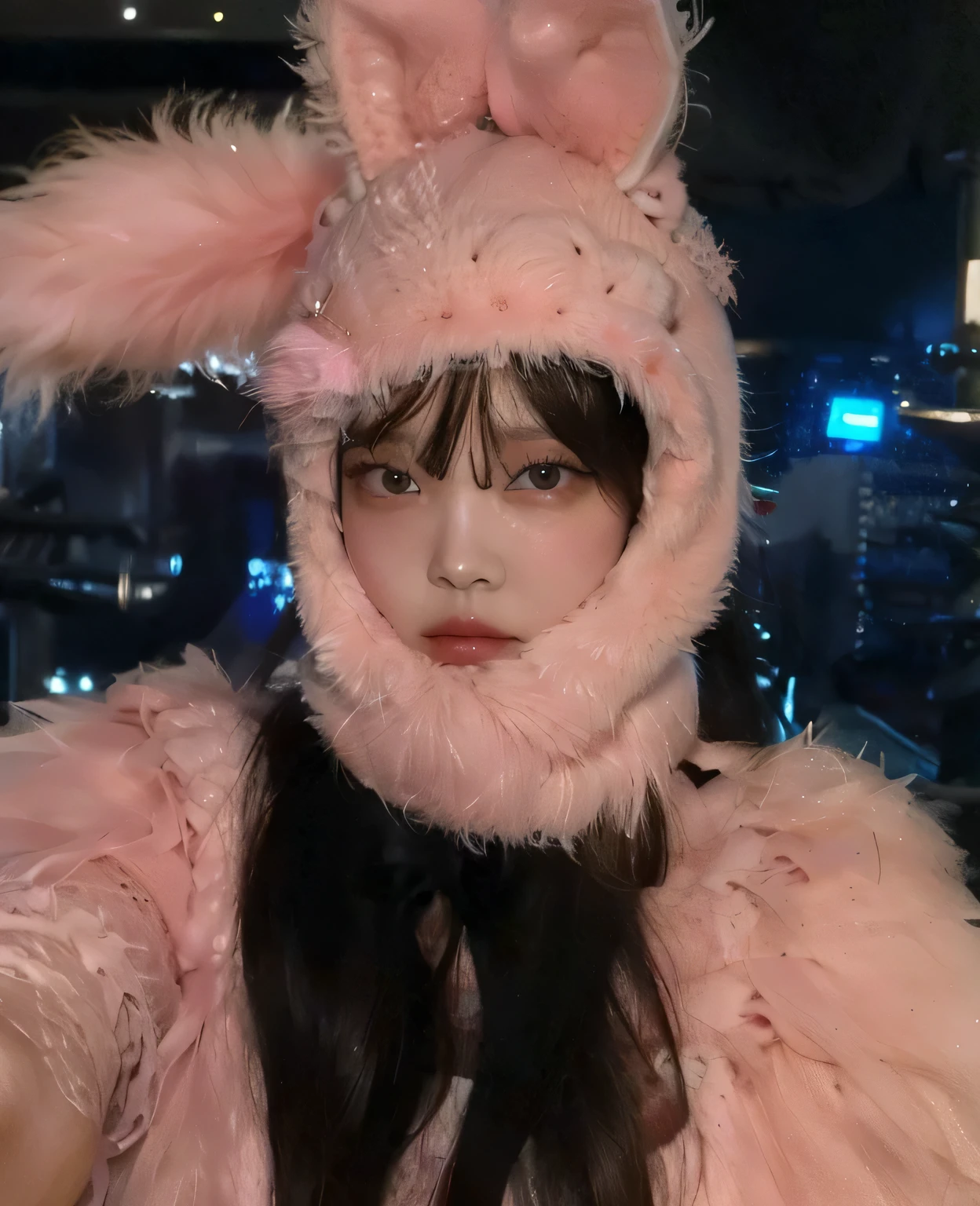 Araffe con un gorro de pelo rosa y un abrigo de pelo., wearing a traje de conejo, vistiendo un disfraz de conejo rosa, traje de conejo, with long, floppy rabbit ears, con orejas de conejo, conejita, Lalisa Manoban de Blackpink, ultrarealistic sweet conejita, con grandes orejas de conejo, el conejito tiene pelaje rosa, Lalisa Manobal, tzuyu de dos veces