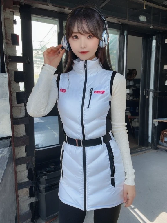 masterpiece, highest quality, Very detailed, 8K Portrait,japanese android girl,Plump , Control panel,Robotic arms and legs, Blunt bangs,,BREAK (metallic gray, metallic luster, mirror finish, astrovest):5,headphone:5,BREAK (black sleeves):100,smartwatch,futuristic airport,space station,BREAK headphone,blue eyes,(black hair):2,(long hair):1.3,look at viewer,(Respirator),BREAK blush:3,hidden hands,smile