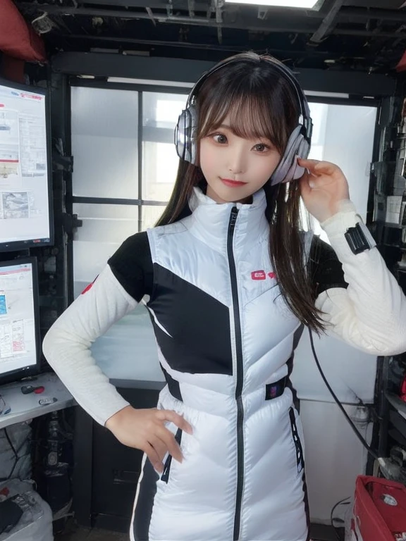 masterpiece, highest quality, Very detailed, 8K Portrait,japanese android girl,Plump , Control panel,Robotic arms and legs, Blunt bangs,,BREAK (metallic gray, metallic luster, mirror finish, astrovest):5,headphone:5,BREAK (black sleeves):100,smartwatch,futuristic space station,control room,BREAK headphone,blue eyes,(black hair):2,(long hair):1.3,look at viewer,(Respirator),BREAK blush:3,hidden hands,smile