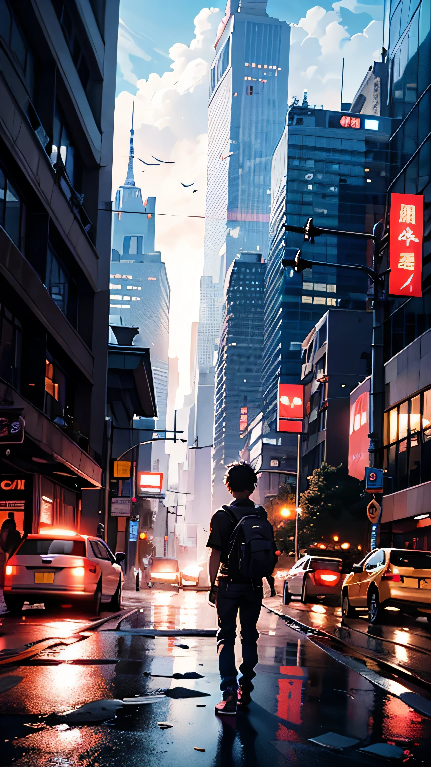 1boy,a 13 yo boy、Cyberpunk Boy、katanas,Spiky hairstyle、Tank Tops、Whole body bloody、Overhead view of the composition、Back lighting,The beginning of the adventure、Lots of clouds,heavy fog、Midnight,darkness,Chaotic city of the future、ruined and devastated city、dystopian、A group of very complex skyscrapers stands in the center、Very complex dilapidated cityscape,Ruined Chinese skyscrapers、a bird、Pretty dim lighting、Dark road、puddles、Chaotic landscape、Beautiful and fantastic scenery、Cinematic scenery、hightquality、masutepiece,8k、hight resolution、ultra-detailliert,