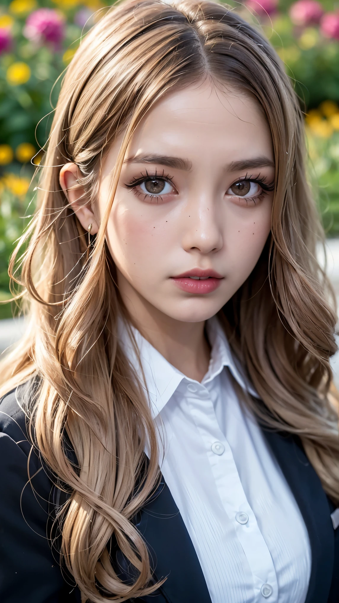 Realistic, masterpiece, highest quality, Highest Resolution, Japanese , , Upper body photo, Looks sleepy, Spaced out, Open your mouth, Beautiful and detailed eye drawing, (Droopy eyes:1.3), Dark Eyes, Thin eyebrows, Draw eyelashes carefully, Eyelash extensions, Gal Makeup, Orange Cheek,  (White brown wavy hair, Long Hair, middle part:1.3), (Hidden eyelid wrinkles:1.3), (Gothic uniform, blazer:1.2), (The subject was photographed from above at an angle:1.3), (Flower Field:1.3), (Face close-up, Stand up and try to impress the audience:1.5)