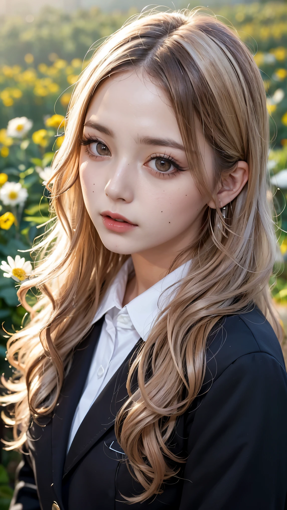 Realistic, masterpiece, highest quality, Highest Resolution, Japanese , 16 years old, Upper body photo, Looks sleepy, Spaced out, Open your mouth, Beautiful and detailed eye drawing, (Droopy eyes:1.3), Dark Eyes, Thin eyebrows, Draw eyelashes carefully, Eyelash extensions, Gal Makeup, Orange Cheek,  (White brown wavy hair, Long Hair, middle part:1.3), (Hidden eyelid wrinkles:1.3), (Gothic uniform, blazer:1.2), (The subject was photographed from above at an angle:1.3), (Flower Field:1.3), (Face close-up, Stand up and try to impress the audience:1.5)