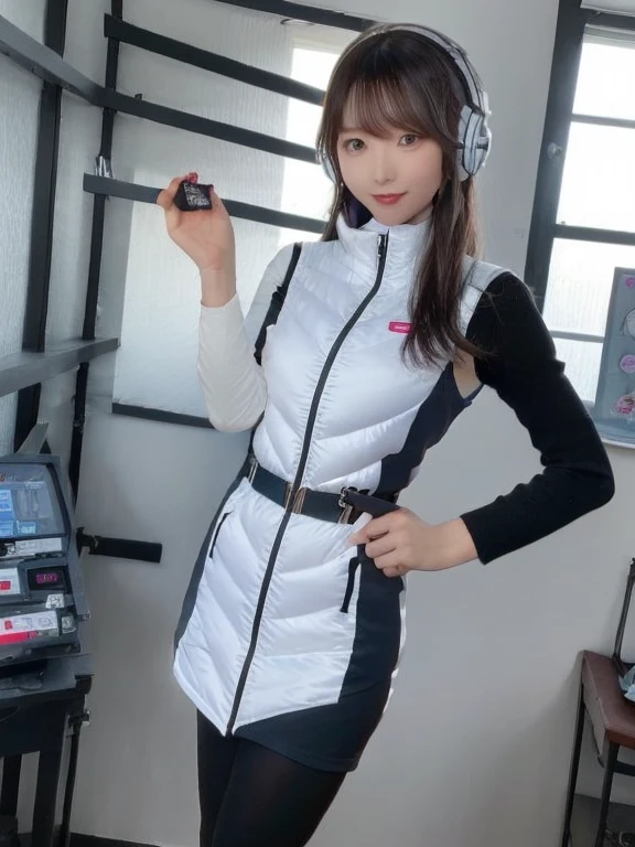 masterpiece, highest quality, Very detailed, 8K Portrait,japanese android girl,Plump , Control panel,Robotic arms and legs, Blunt bangs,,BREAK (metallic gray, metallic luster, mirror finish, astrovest):5,headphone:5,BREAK (black sleeves):100,smartwatch,futuristic space station,control room,BREAK headphone,blue eyes,(black hair):2,(long hair):1.3,look at viewer,(Respirator),BREAK blush:3,hidden hands,smile