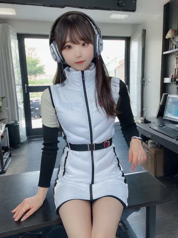 masterpiece, highest quality, Very detailed, 8K Portrait,japanese android girl,Plump , Control panel,Robotic arms and legs, Blunt bangs,,BREAK (metallic gray, metallic luster, mirror finish, astrovest):5,headphone:5,BREAK (black sleeves):100,smartwatch,futuristic space station,control room,BREAK headphone,blue eyes,(black hair):2,(long hair):1.3,look at viewer,(Respirator),BREAK blush:3,hidden hands,smile