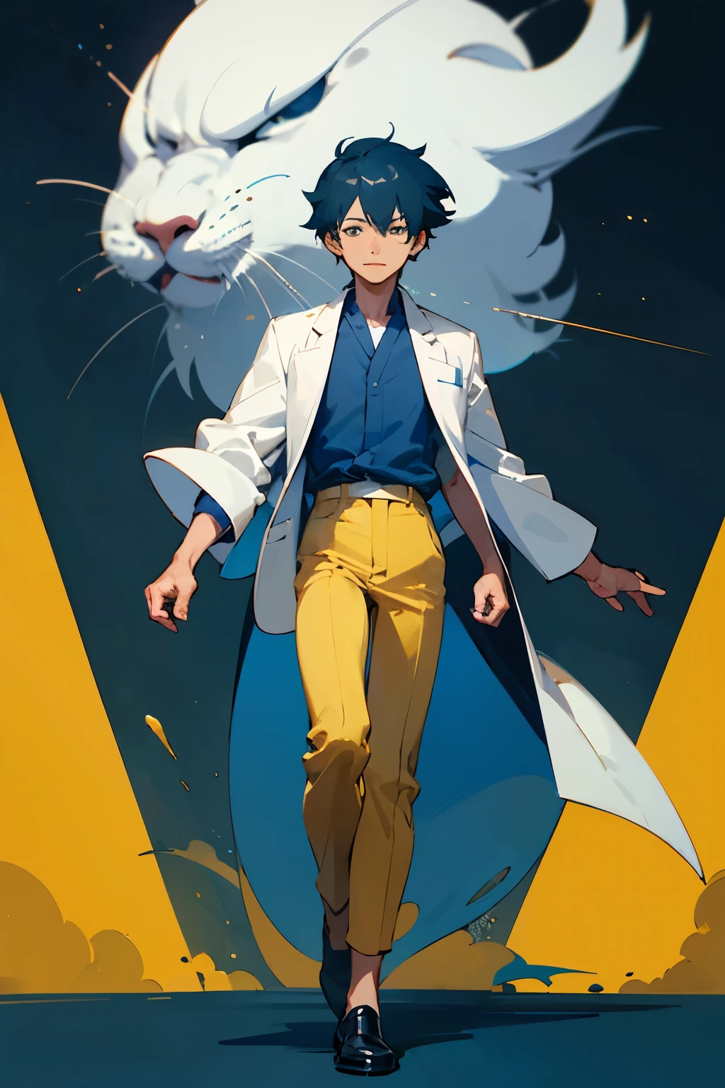 ANIME VERSION, RPG Maker Anime Style , visual novel bust style, front facing old man character, semi realistic, clad in a dark blue Barong Tagalog. The teacher, resembling a scientist, wears a long white lab coat over a casual blue shirt, untucked. His light, dark yellow pants match the hue of aged cheese, complemented by black shoes for a polished look.ryuta ueda artwork, hayao miyazaki style, professor clothes, full body character, happy