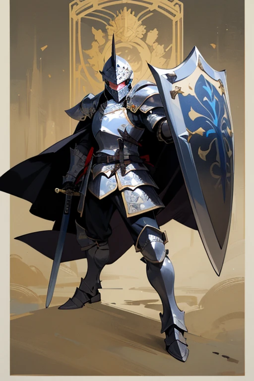 ((highest quality)), ((masterpiece)), (Familiar), One man,Fantasy,Black Knight,Full Body Armor,Full-face helmet,Two-horned helmet,Black armor,大sword,Black Armor,Golden decoration,White pattern,sword,Cape,shield