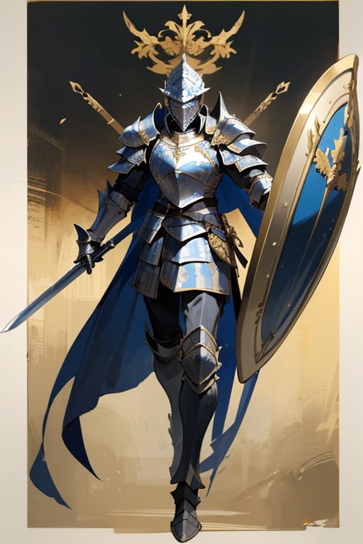 ((highest quality)), ((masterpiece)), (Familiar), One man,Fantasy,Black Knight,Full Body Armor,Full-face helmet,Two-horned helmet,Black armor,大sword,Black Armor,Golden decoration,White pattern,sword,Cape,shield