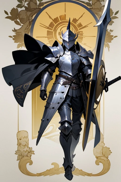 ((highest quality)), ((masterpiece)), (Familiar), One man,Fantasy,Black Knight,Full Body Armor,Full-face helmet,Two-horned helmet,Black armor,大sword,Black Armor,Golden decoration,White pattern,sword,Cape,shield