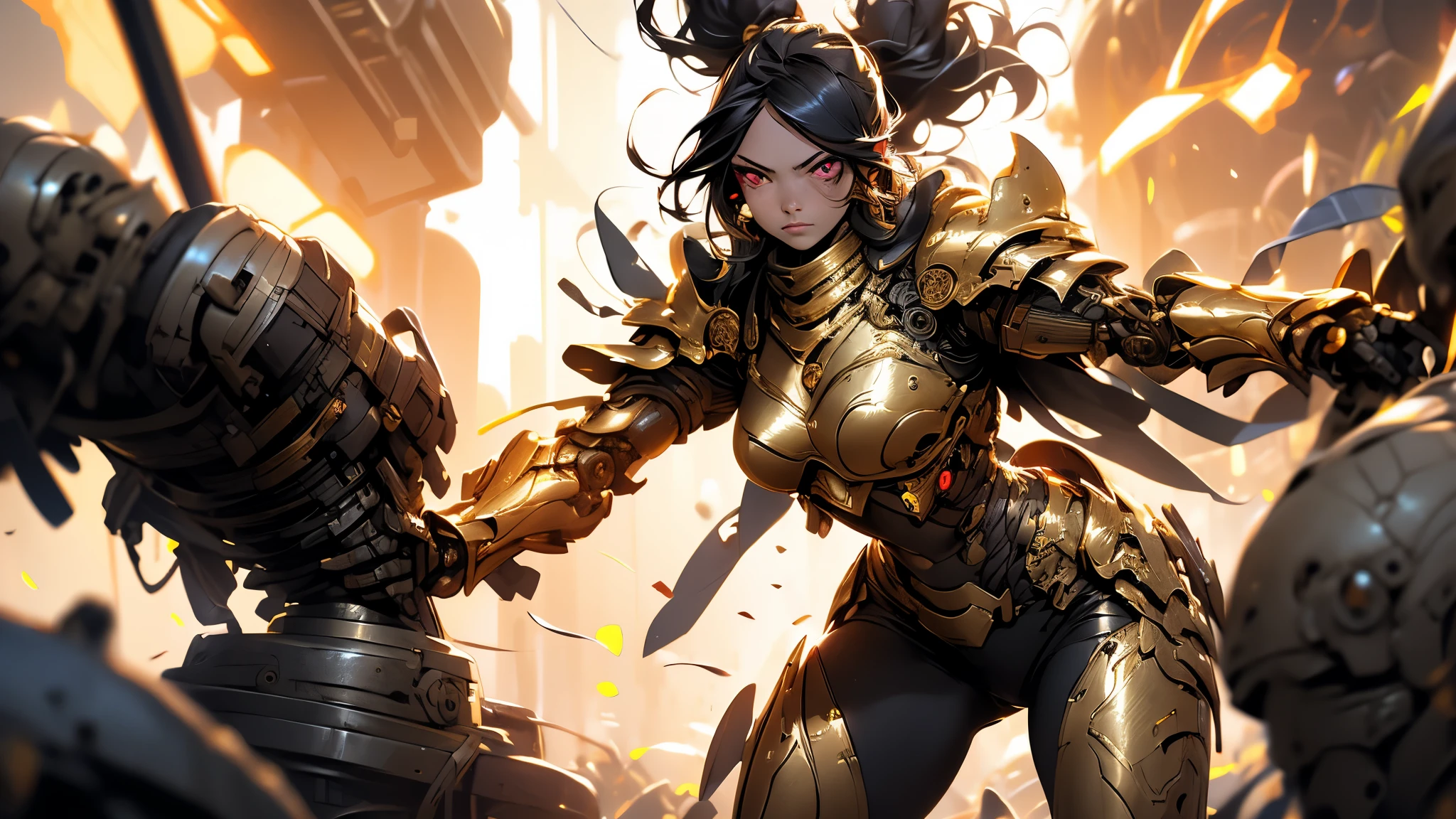 1 girl, detailed hair, cyborg girl, female warrior, stand, red glowing eyes, cyborg armor, golden armor, black and golden, cinematic light