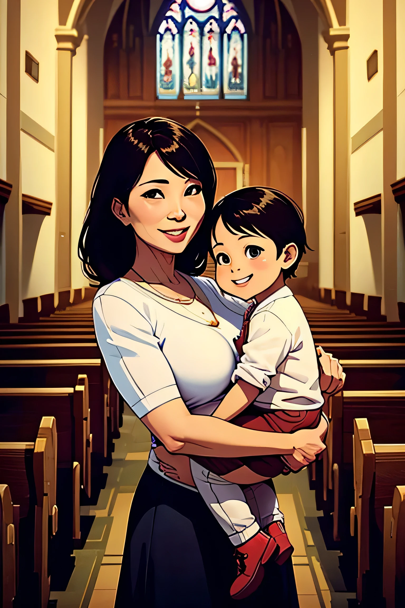 a mature mother, with a inside church background, ASIAN, ,looking at the camera, with a , smile