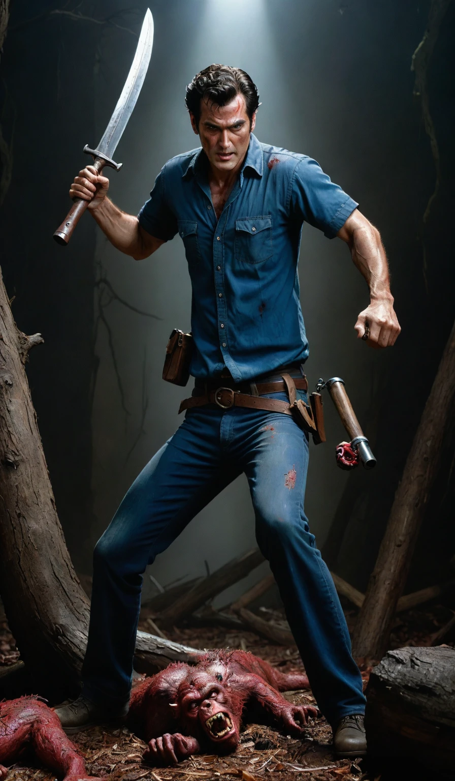 (best quality,highres,masterpiece:1.2),ultra-detailed,realistic:1.37,HDR,UHD,studio lighting,vivid colors,portraits,horror,detailed battle scene of Ash from the movie "Evil Dead" with a group of highly-detailed fierce macaques wielding large sabers.
In this artwork, Ash, portrayed with extreme detail and realism, stands at the center of a chaotic battle. His face is full of determination and intensity, with beautiful detailed eyes and lips that add depth and expression to his character. He is dressed in iconic attire, including his signature blue shirt and brown pants, which are weathered and torn to depict the intensity of the battle. Ash's chainsaw hand and shotgun are prominent features, showcasing his weapon of choice and his role as a fearless fighter.
The battle scene is captured with meticulous precision, emphasizing every detail of the macaques and their large sabers. The macaques are highly-detailed, illustrating their fur, facial features, and the intense glare in their eyes as they engage in combat. Their sabers are depicted with great attention, showing the intricate engravings and the glint of light as they clash with Ash's weapons.
The overall color palette is dark and moody, enhancing the horror element of the scene. The use of studio lighting creates dynamic shadows and highlights, adding depth and dimension to the artwork. The vivid colors further intensify the atmosphere, with shades of red and black dominating the composition. The lighting focuses on Ash, highlighting his heroic stance and emphasizing his role as the central character.
This artwork is a masterpiece, showcasing the artist's skill in creating a realistic and highly-detailed battle scene. The level of detail brings the characters and their actions to life, transporting the viewers into the thrilling world of "Evil Dead". Each stroke of the brush is carefully executed to create an immersive experience for the audience.
Note: If you need further inspiration, you can refer to the m