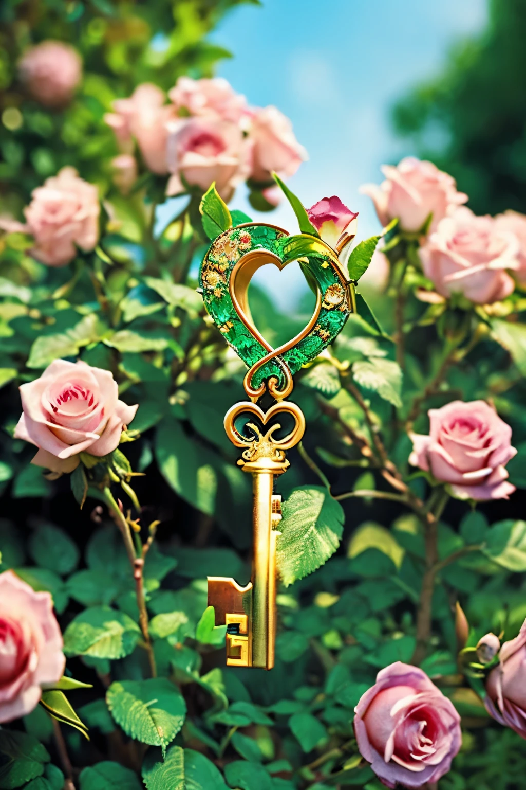 (key to the heart), (romantic, love), detailed illustration, beautifully intricate key, lush garden backdrop, delicate roses, vibrant colors, intense sunlight streaming through the dense foliage, heart-shaped lock, sparkling jewel, soft focus, realistic rendering, exquisite craftsmanship, golden hues, faint glow, emotional connection, eternal love, symbolic, picture-perfect scenery, meticulously crafted textures, dreamy vibe, whimsical atmosphere, masterpiece:1.2