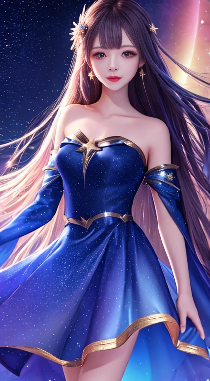masterpiece, best quality, high quality, absurdres, 1girl, star \(sky\), 1girl, starry sky, dress, solo, long hair, light particles, gradient, gradient background, bare shoulders, night sky