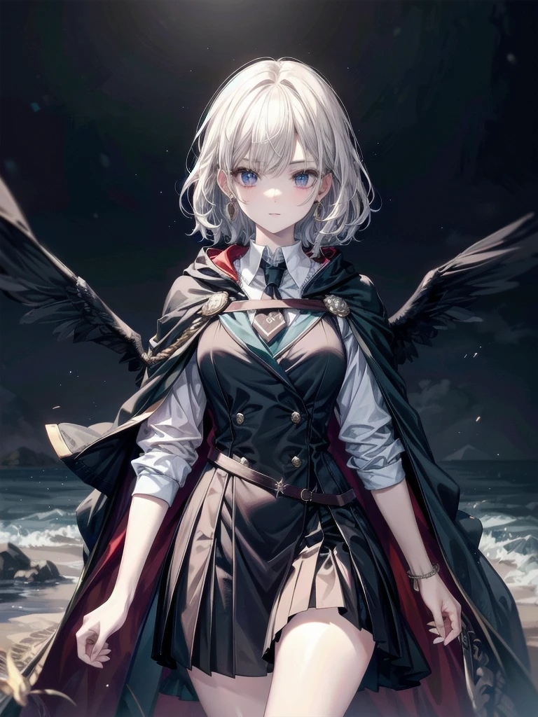 whole body, hogwarts teacher, necktie, cloak, skirt, absurdres, RAW photo, extremely delicate and beautiful, masterpiece, Best Quality, ultra high resolution, 32k, hyperrealistic, ultra-detailed, detailed description, pale skin, 20 years old, detailed beautiful face and eyes, tearful mole, earring, Colossal tits, short medium hair, wavy hair,