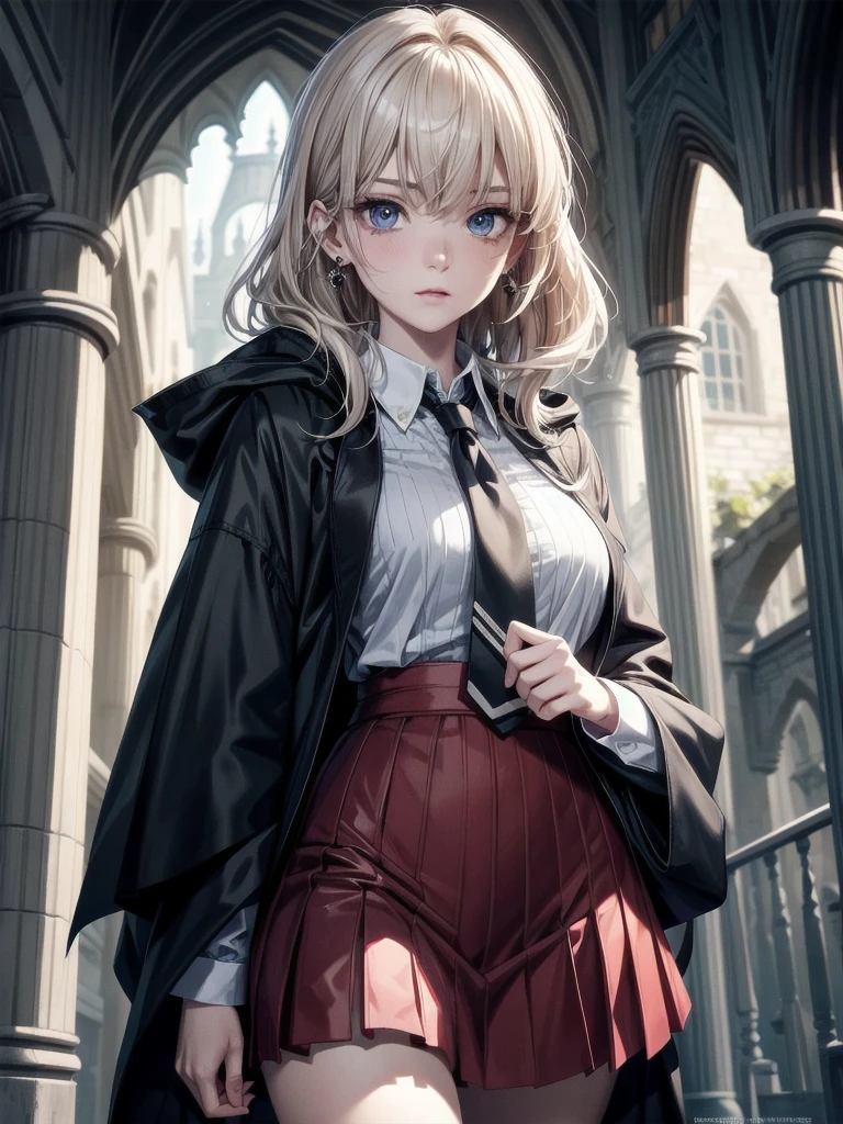 whole body, hogwarts teacher, necktie, cloak, skirt, absurdres, RAW photo, extremely delicate and beautiful, masterpiece, Best Quality, ultra high resolution, 32k, hyperrealistic, ultra-detailed, detailed description, pale skin, 20 years old, detailed beautiful face and eyes, tearful mole, earring, Colossal tits, short medium hair, wavy hair,