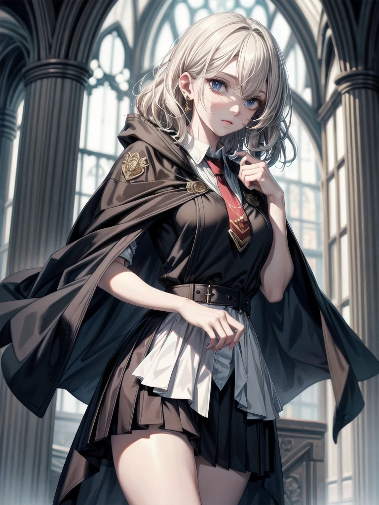 whole body, hogwarts teacher, necktie, cloak, skirt, absurdres, RAW photo, extremely delicate and beautiful, masterpiece, Best Quality, ultra high resolution, 32k, hyperrealistic, ultra-detailed, detailed description, pale skin, 20 years old, detailed beautiful face and eyes, tearful mole, earring, Colossal tits, short medium hair, wavy hair,