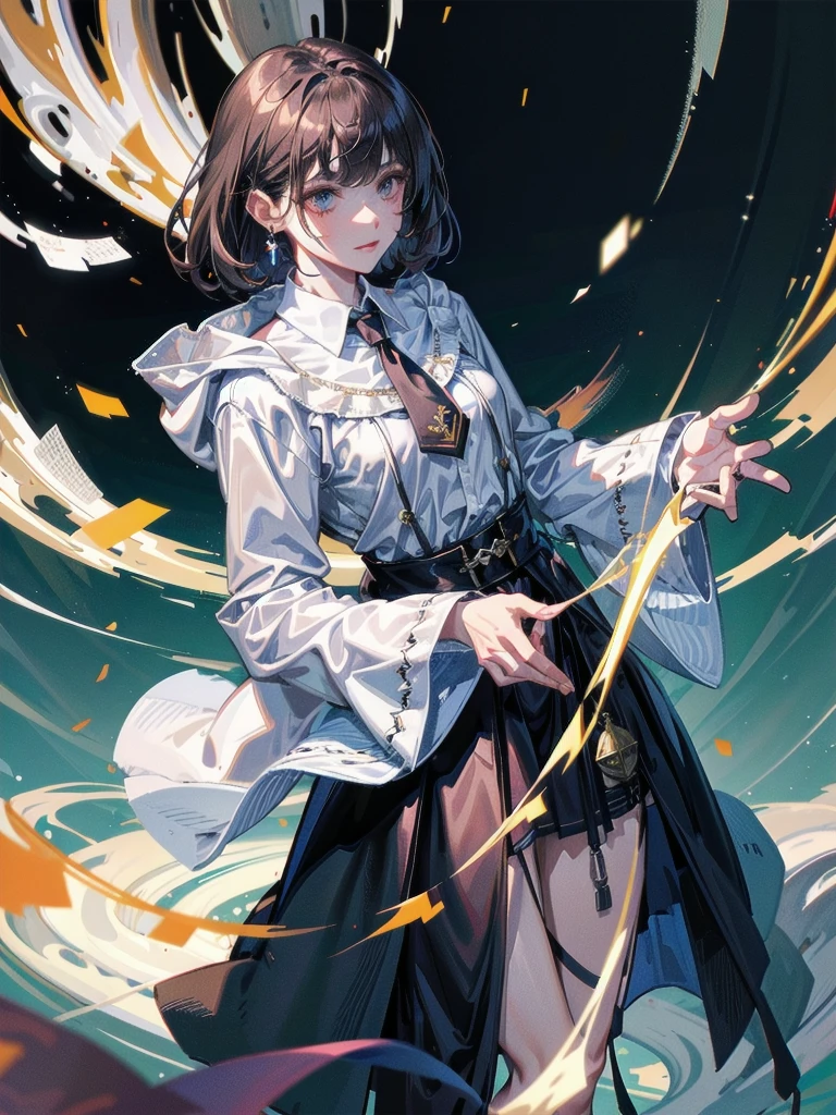 whole body, hogwarts teacher, necktie, cloak, skirt, absurdres, RAW photo, extremely delicate and beautiful, masterpiece, Best Quality, ultra high resolution, 32k, hyperrealistic, ultra-detailed, detailed description, pale skin, 20 years old, detailed beautiful face and eyes, tearful mole, earring, Colossal tits, short medium hair, wavy hair,