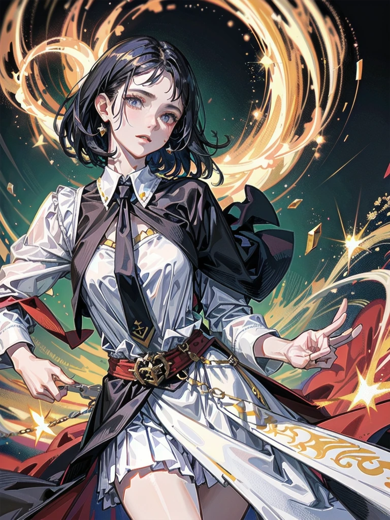 whole body, hogwarts teacher, necktie, cloak, skirt, absurdres, RAW photo, extremely delicate and beautiful, masterpiece, Best Quality, ultra high resolution, 32k, hyperrealistic, ultra-detailed, detailed description, pale skin, 20 years old, detailed beautiful face and eyes, tearful mole, earring, Colossal tits, short medium hair, wavy hair,