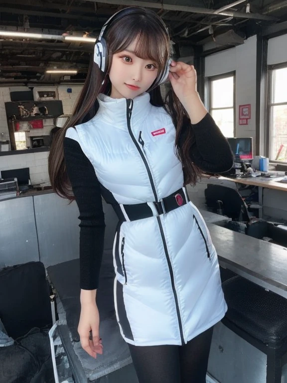 masterpiece, highest quality, Very detailed, 8K Portrait,japanese android girl,Plump , Control panel,Robotic arms and legs, Blunt bangs,,BREAK (metallic gray, metallic luster, mirror finish, astrovest):5,headphone:5,BREAK (black sleeves):100,smartwatch,futuristic space station,control room,BREAK headphone,blue eyes,(black hair):2,(long hair):1.3,look at viewer,(Respirator),BREAK blush:3,hidden hands,smile