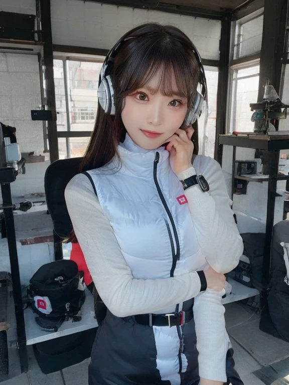 masterpiece, highest quality, Very detailed, 8K Portrait,japanese android girl,Plump , Control panel,Robotic arms and legs, Blunt bangs,,BREAK (metallic gray, metallic luster, mirror finish, astrovest):5,headphone:5,BREAK (black sleeves):100,smartwatch,futuristic space station,control room,BREAK headphone,blue eyes,(black hair):2,(long hair):1.3,look at viewer,(Respirator),BREAK blush:3,hidden hands,smile