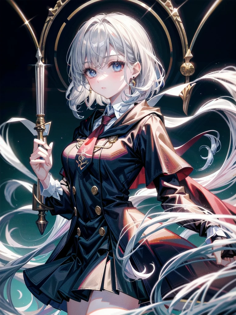 whole body, hogwarts teacher, necktie, cloak, skirt, absurdres, RAW photo, extremely delicate and beautiful, masterpiece, Best Quality, ultra high resolution, 32k, hyperrealistic, ultra-detailed, detailed description, pale skin, 20 years old, detailed beautiful face and eyes, tearful mole, earring, Colossal tits, short medium hair, wavy hair,
