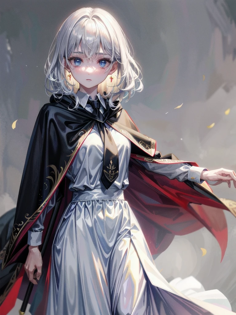 whole body, hogwarts teacher, necktie, cloak, skirt, absurdres, RAW photo, extremely delicate and beautiful, masterpiece, Best Quality, ultra high resolution, 32k, hyperrealistic, ultra-detailed, detailed description, pale skin, 20 years old, detailed beautiful face and eyes, tearful mole, earring, Colossal tits, short medium hair, wavy hair,