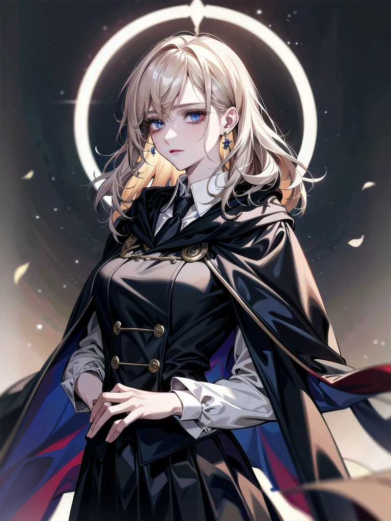 whole body, hogwarts teacher, necktie, cloak, skirt, absurdres, RAW photo, extremely delicate and beautiful, masterpiece, Best Quality, ultra high resolution, 32k, hyperrealistic, ultra-detailed, detailed description, pale skin, 20 years old, detailed beautiful face and eyes, tearful mole, earring, Colossal tits, short medium hair, wavy hair,