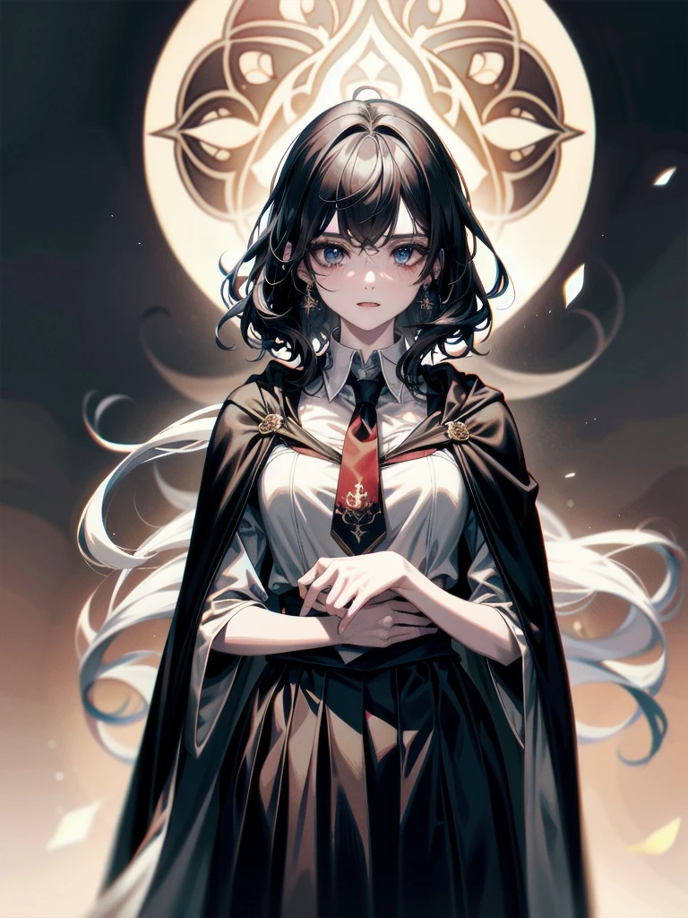 whole body, hogwarts teacher, necktie, cloak, skirt, absurdres, RAW photo, extremely delicate and beautiful, masterpiece, Best Quality, ultra high resolution, 32k, hyperrealistic, ultra-detailed, detailed description, pale skin, 20 years old, detailed beautiful face and eyes, tearful mole, earring, Colossal tits, short medium hair, wavy hair,