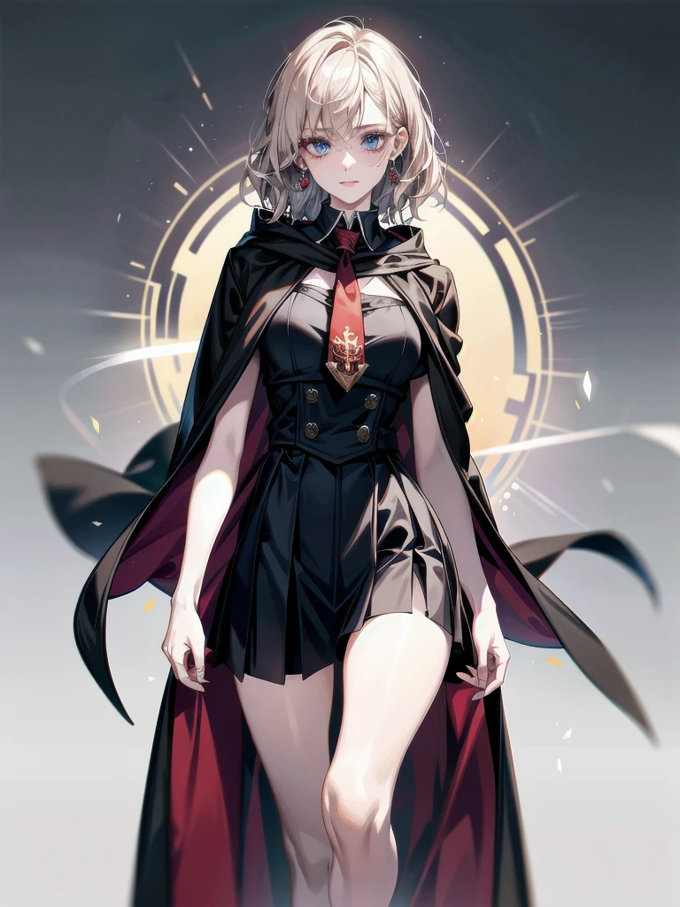 whole body, hogwarts teacher, necktie, cloak, skirt, absurdres, RAW photo, extremely delicate and beautiful, masterpiece, Best Quality, ultra high resolution, 32k, hyperrealistic, ultra-detailed, detailed description, pale skin, 20 years old, detailed beautiful face and eyes, tearful mole, earring, Colossal tits, short medium hair, wavy hair,