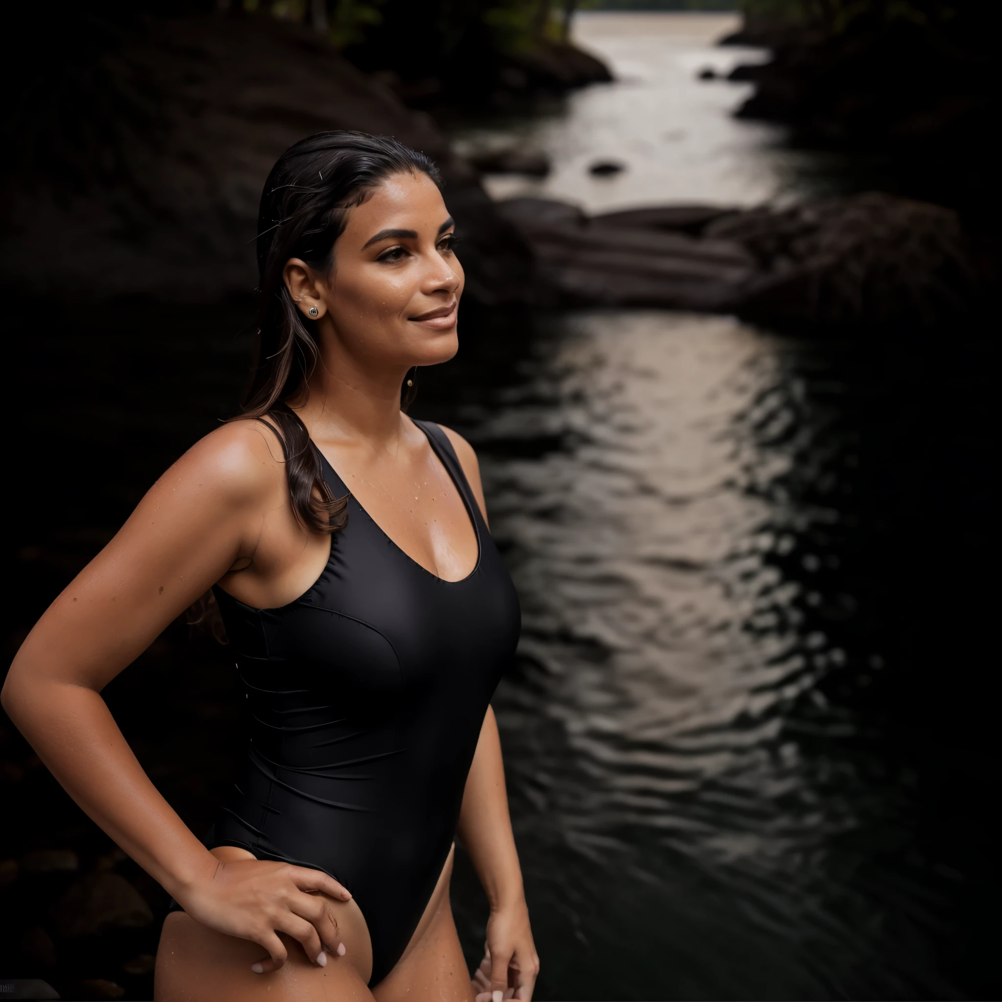 araffe woman in a brown swimsuit in front of a body of water, em um rio na selva, is wearing a swimsuit, black swimsuit, in retro swimsuit, em um black swimsuit, Wet swimsuit, no sol, in the water, ao lado de uma cachoeira, linda garota vestindo terno regata, standing next to the water, imagem de perfil