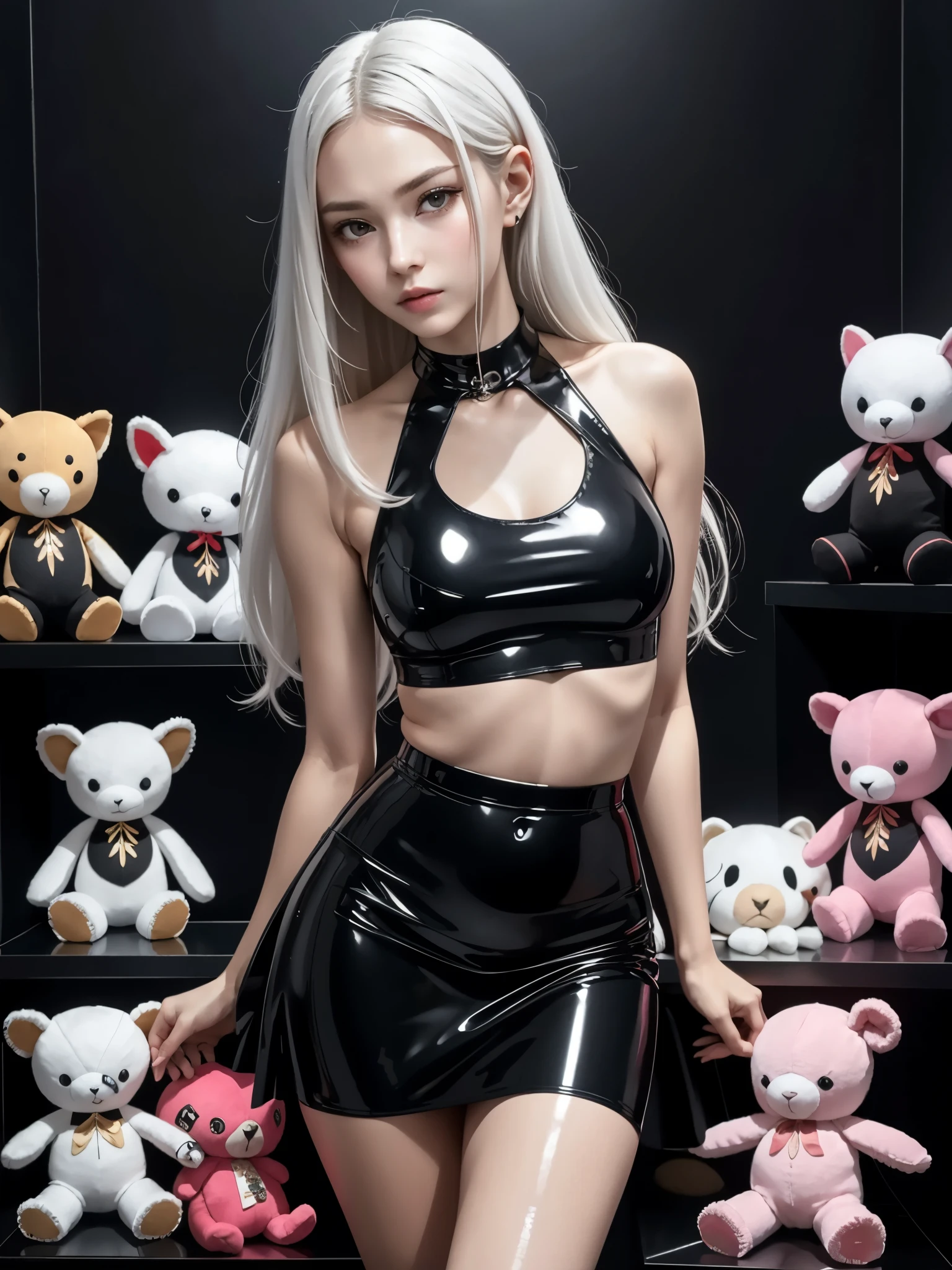 1girl, surrounded by cute plushies, dark room, detailed face, doubtful expression pose, long blouse, vinyl skirt, standing, piece of art, best quality, looking at viewer, 8k, long straight white hair, (black latex), clavicle, navel, beautiful, 