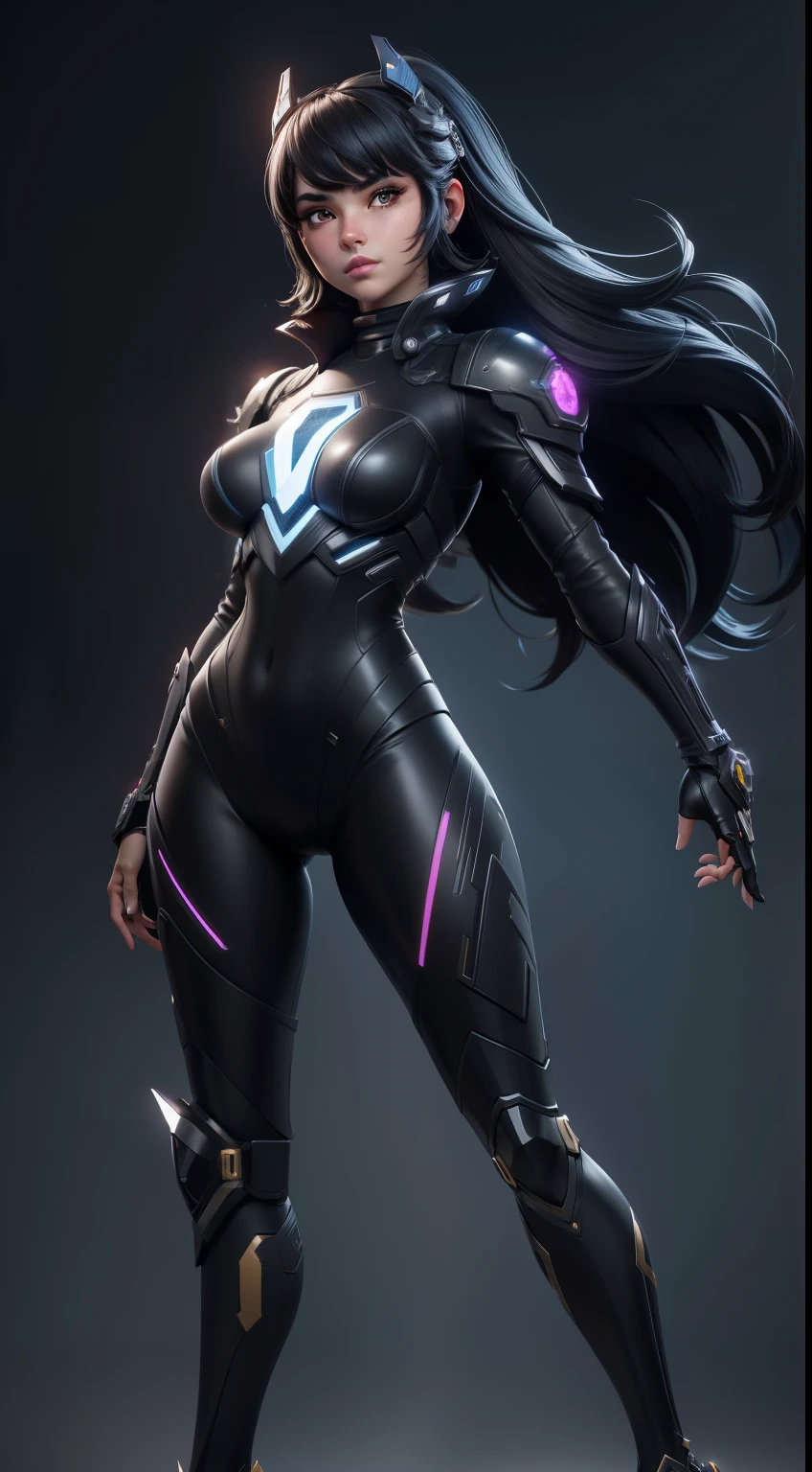 solo, super fine photo, Unreal Engine 5 8K UHD full body digital art of a girl, arte conceptual, character concept design, wearing a tight, shiny black suit with cyber details, hi-tech armour, guante negro largo, pelo de cola de caballo, half face cyber mask, Personaje ciberpunk, futuristic city fantasy background, mejor calidad, Obra maestra, super detailed, Sharp focus, pose femenina