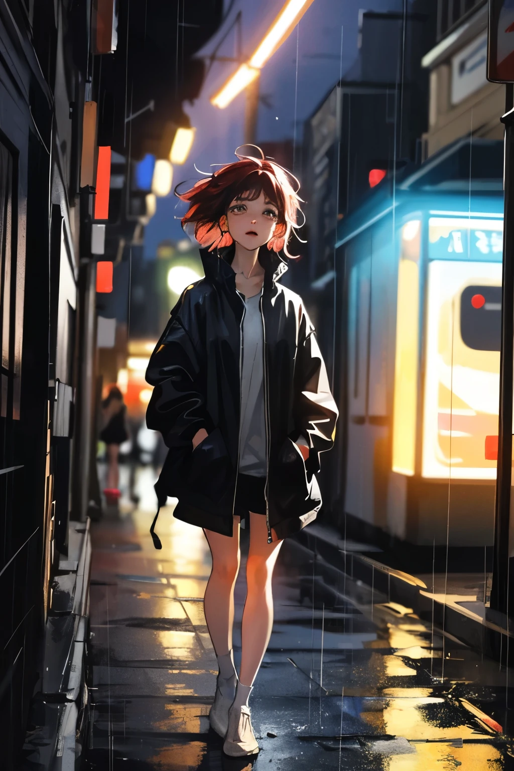 Amid the hustle and bustle of the city at night, a girl with red hair stands out in the crowd. Torrential rain adds to the feeling of isolation as she silently cries, illuminated by a beam of light escaping from a nearby window.