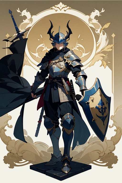 ((highest quality)), ((masterpiece)), (Familiar), One man,Fantasy,black騎士,Full Body Armor,(Full-face helmet),Two-horned helmet,((blackい甲冑)),大sword,((blackい鎧)),Golden decoration,White pattern,sword,Cape,shield,black