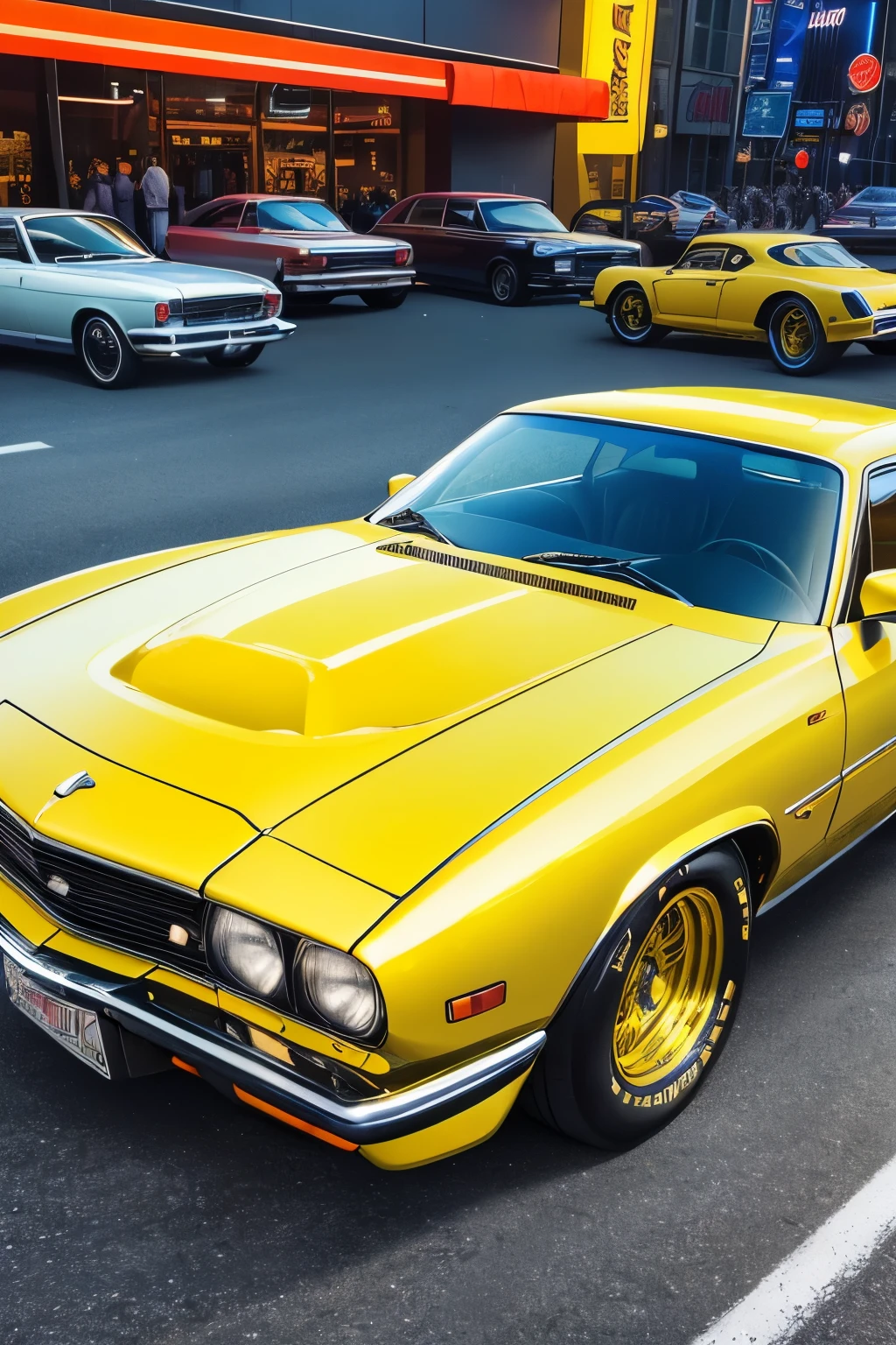 (best quality,4k,8k,highres,masterpiece:1.2),ultra-detailed,(realistic,photorealistic,photo-realistic:1.37),yellow car,retro vibe,sharp lines,vivid colors,portrait,landscape,metallic paint,chrome details,classic design,shiny body paint,old school,stylish,eye-catching,car enthusiast,collector's item,nostalgia,vintage feel,80s aesthetics,neon lights,wheels shining bright,car lover's dream,classic elegance,glamorous,chrome accents,immaculate condition,sunshine yellow,mirror-like finish,showroom shine,head-turner,urban environment,vibrant atmosphere,retro charm,luxury car,smooth curves,memorable,unique,cool factor,statement piece
