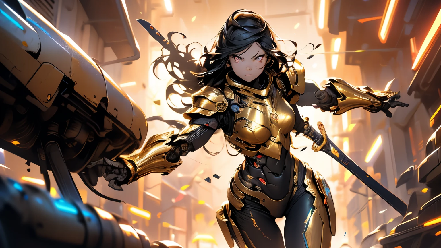 1 girl, detailed hair, cyborg girl, female warrior, stand, red glowing eyes, cyborg armor, golden armor, black and golden, cinematic light