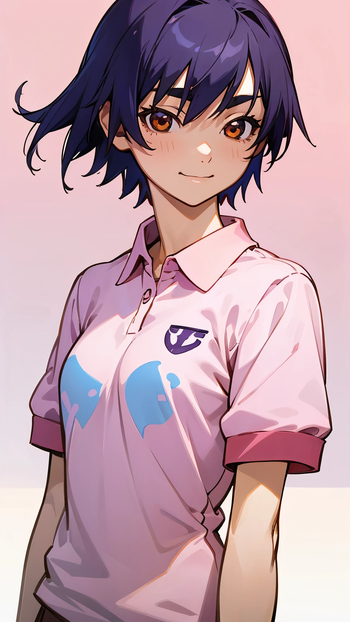 1 girl、anime painting、Indigo Hair、Boyish short cut、Beautiful brown eyes、Vibrant colors、Pink polo shirt、smile、Upper body close-up、Side body、Stadium stand background