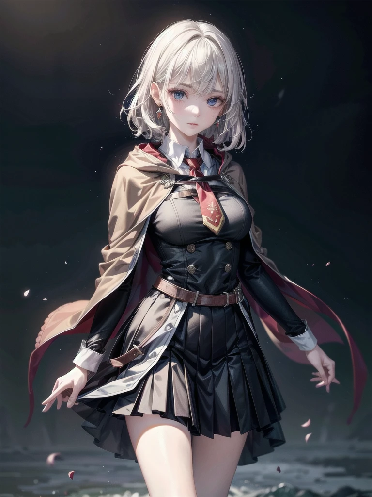 whole body, hogwarts teacher, necktie, cloak, skirt, absurdres, RAW photo, extremely delicate and beautiful, masterpiece, Best Quality, ultra high resolution, 32k, hyperrealistic, ultra-detailed, detailed description, pale skin, 20 years old, detailed beautiful face and eyes, tearful mole, earring, Colossal tits, short medium hair, wavy hair,