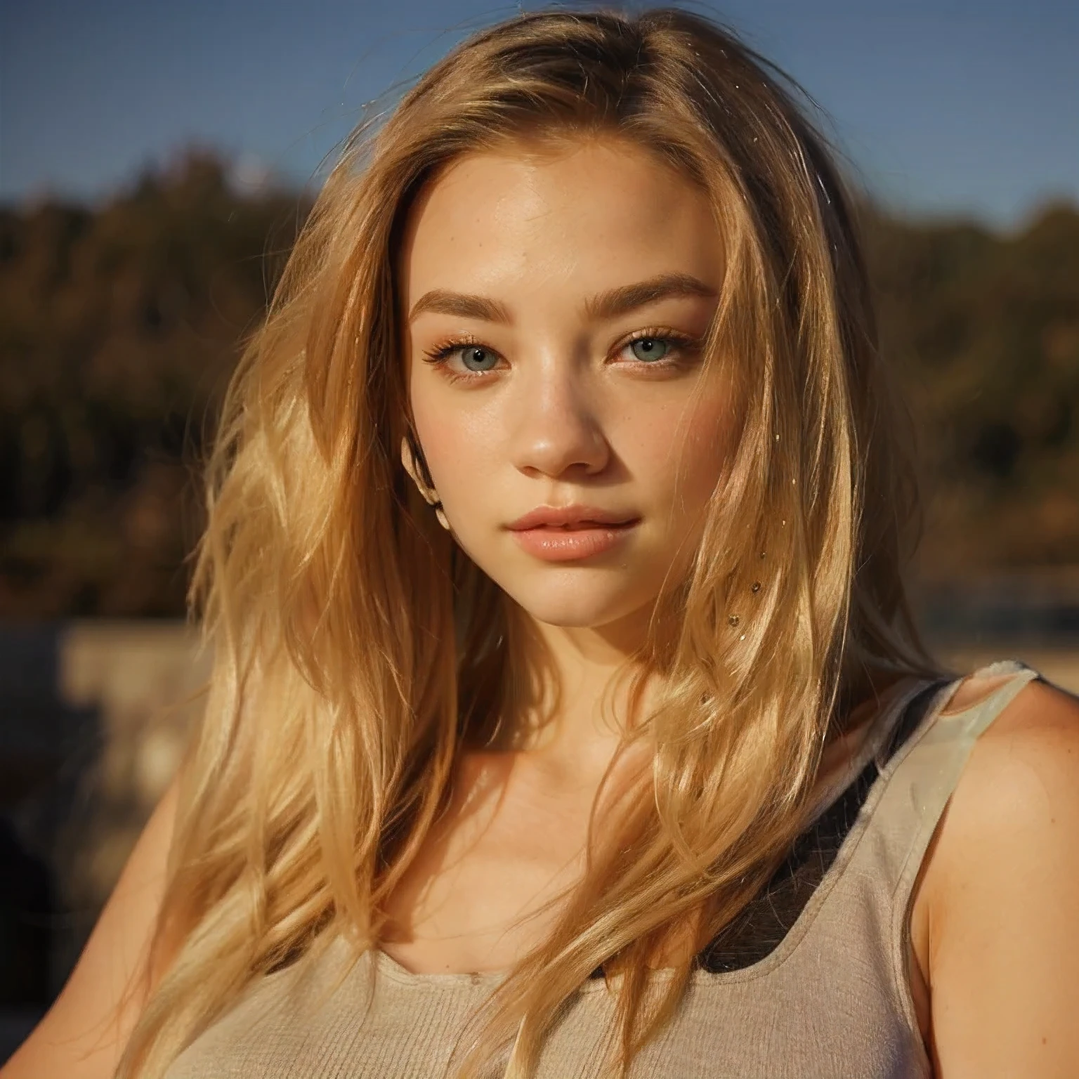blonde woman with long hair and a gray tank top posing for a photo, Sydney Sweeney, Portrait de Sophie Mudd, Kailee Mandel, Ava Max, corinne jour, long cheveux blonds et grands yeux, portrait de Kim Petras, cheveux blonds et grands yeux, longs cheveux blonds et grands yeux, Ellie Victoria Gale, Victoria Gavrilenko