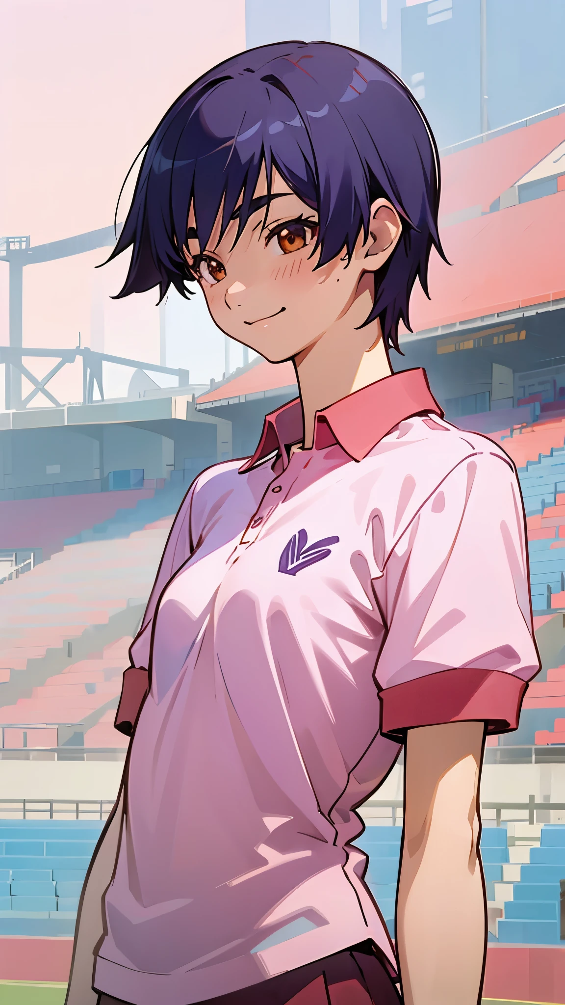 1 girl、anime painting、Indigo Hair、Boyish short cut、Beautiful brown eyes、Vibrant colors、Pink polo shirt、smile、Upper body close-up、Side body、Stadium stand background