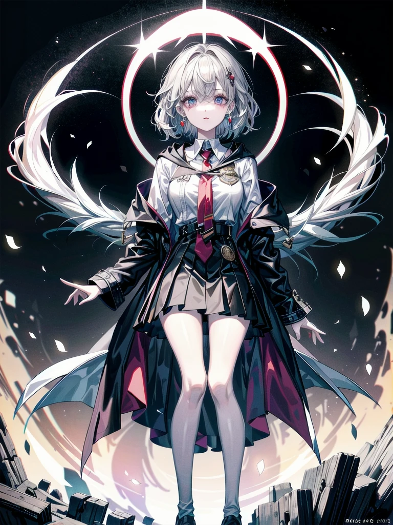 whole body, hogwarts teacher, necktie, cloak, skirt, absurdres, RAW photo, extremely delicate and beautiful, masterpiece, Best Quality, ultra high resolution, 32k, hyperrealistic, ultra-detailed, detailed description, pale skin, 20 years old, detailed beautiful face and eyes, tearful mole, earring, Colossal tits, short medium hair, wavy hair,