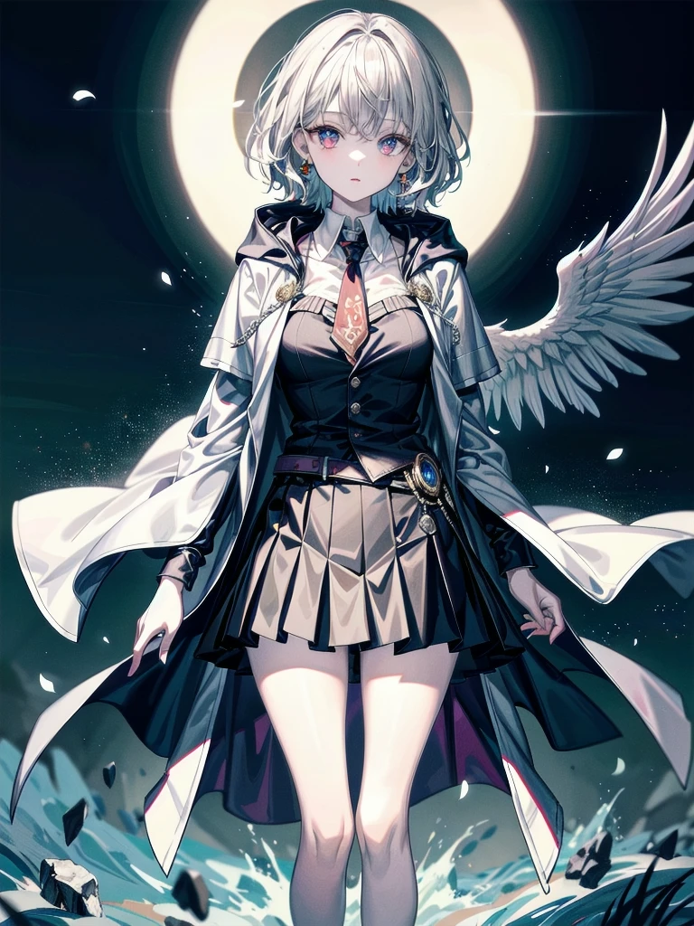 whole body, hogwarts teacher, necktie, cloak, skirt, absurdres, RAW photo, extremely delicate and beautiful, masterpiece, Best Quality, ultra high resolution, 32k, hyperrealistic, ultra-detailed, detailed description, pale skin, 20 years old, detailed beautiful face and eyes, tearful mole, earring, Colossal tits, short medium hair, wavy hair,