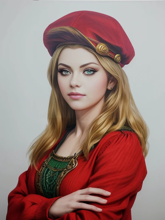 (masterpiece, top quality, best quality, official art, detailed:1.2), priscillaW3, 1girl, solo, long hair, looking at viewer, blonde hair, blue shirt, long sleeves, green eyes, upper body, red hat, crossed arms, realistic