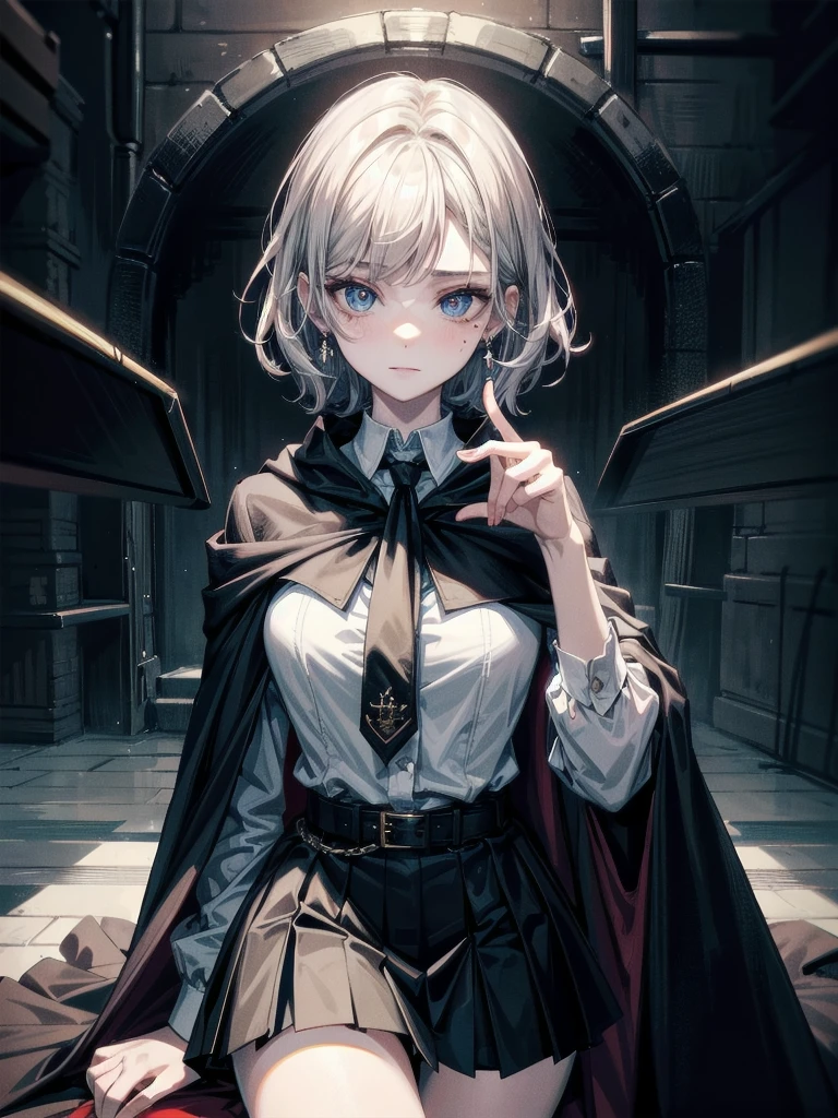 whole body, hogwarts teacher, necktie, cloak, skirt, absurdres, RAW photo, extremely delicate and beautiful, masterpiece, Best Quality, ultra high resolution, 32k, hyperrealistic, ultra-detailed, detailed description, pale skin, 20 years old, detailed beautiful face and eyes, tearful mole, earring, Colossal tits, short medium hair, wavy hair,