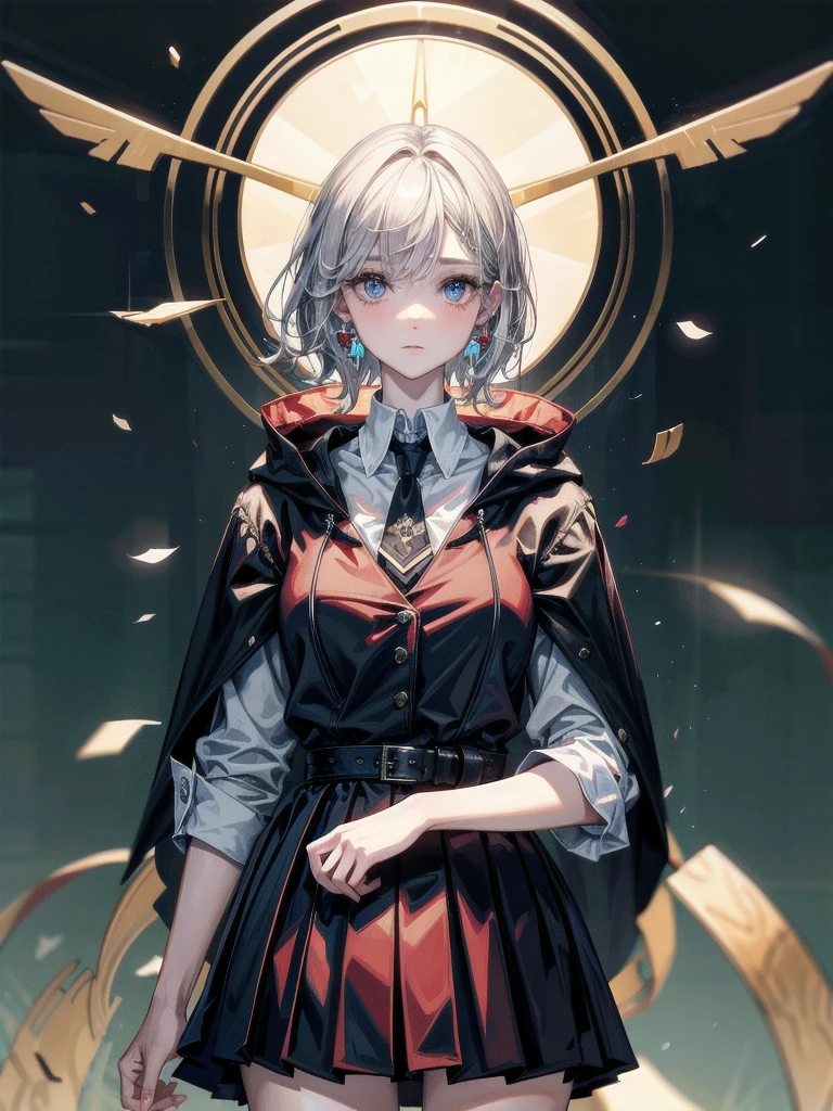 whole body, hogwarts teacher, necktie, cloak, skirt, absurdres, RAW photo, extremely delicate and beautiful, masterpiece, Best Quality, ultra high resolution, 32k, hyperrealistic, ultra-detailed, detailed description, pale skin, 20 years old, detailed beautiful face and eyes, tearful mole, earring, Colossal tits, short medium hair, wavy hair,