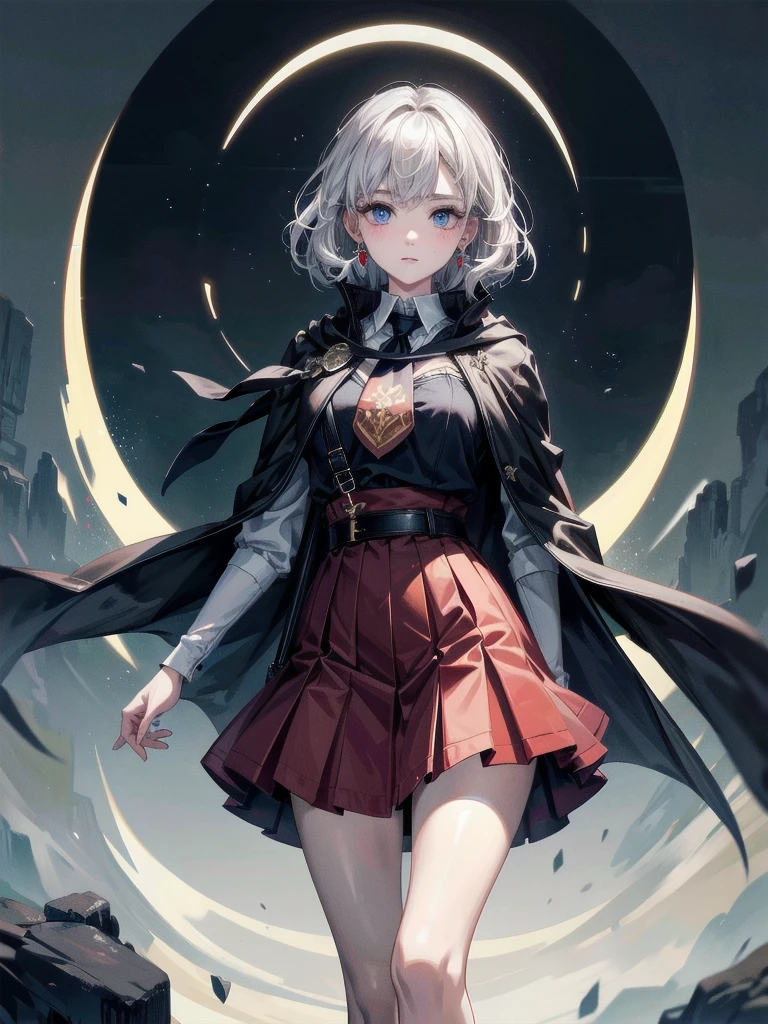 whole body, hogwarts teacher, necktie, cloak, skirt, absurdres, RAW photo, extremely delicate and beautiful, masterpiece, Best Quality, ultra high resolution, 32k, hyperrealistic, ultra-detailed, detailed description, pale skin, 20 years old, detailed beautiful face and eyes, tearful mole, earring, Colossal tits, short medium hair, wavy hair,