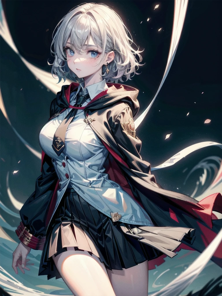 whole body, hogwarts teacher, necktie, cloak, skirt, absurdres, RAW photo, extremely delicate and beautiful, masterpiece, Best Quality, ultra high resolution, 32k, hyperrealistic, ultra-detailed, detailed description, pale skin, 20 years old, detailed beautiful face and eyes, tearful mole, earring, Colossal tits, short medium hair, wavy hair,