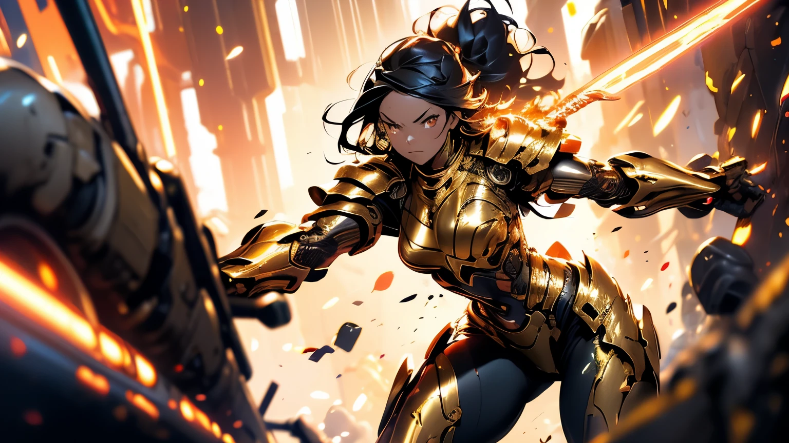 1 girl, detailed hair, cyborg girl, female warrior, stand, red glowing eyes, cyborg armor, golden armor, black and golden, cinematic light