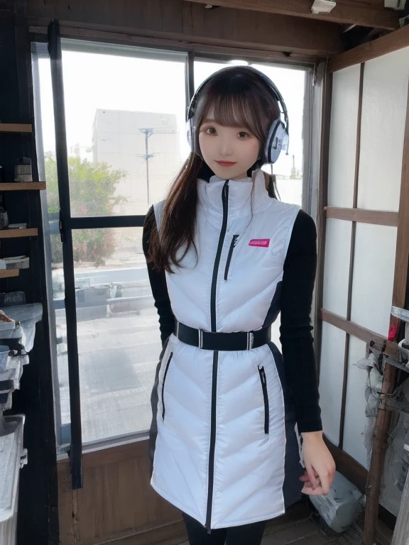 masterpiece, highest quality, Very detailed, 8K Portrait,japanese android girl,Plump , Control panel,Robotic arms and legs, Blunt bangs,,BREAK (metallic gray, metallic luster, mirror finish, astrovest):5,headphone:5,BREAK (black sleeves):100,smartwatch,futuristic space station,control room,BREAK headphone,blue eyes,(black hair):2,(long hair):1.3,look at viewer,(Respirator),BREAK blush:3,hidden hands,smile